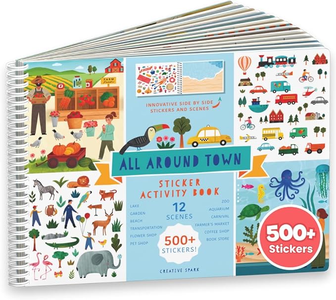 CUPKIN Sticker Book for Kids 2-4, 500+ Kids Stickers, All Around Town 12 Coloring Pages, 12 Side by Side Scenes, Fun Toddler Travel Activity Coloring and Sticker Books for Ages 4-8 + 8-10