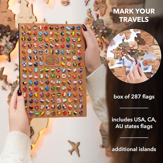 Enjoy The Wood 3D Wood World Map LED 3.0 Wall Art Modern Home Decor Gifts LED Lighting Wall Decor Housewarming Gift (Smokey)