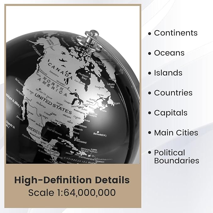 Goplus 8-Inch Metallic Black World Globe, Rotating Earth Globe w/Metal Stand, Educational Learning Teaching Gift, Modern Desktop Decoration for Home, Office (Black + Silver)