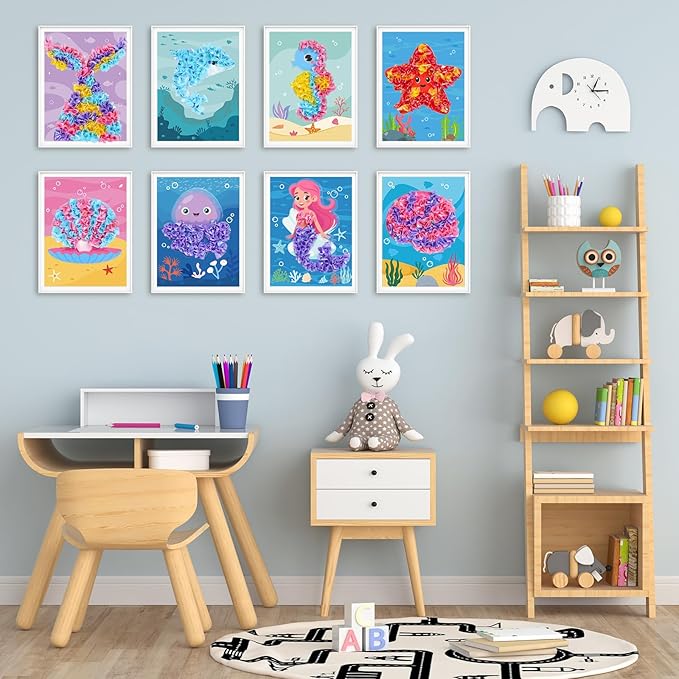 8PCS Poke-in Craft and Art Kit for Kids Mermaid Theme No-Mess Fabric Sewing Art for Girls Boys 4-12 Puzzle Puncture Painting DIY Ocean Sea Animals Toy Gifts for Activity Game Birthday Party