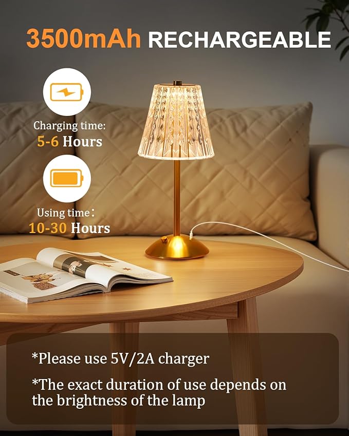 Cordless Touch Table Lamp, 3500mAh LED Rechargeable Small Dask Lamp, 3 Colors Dimmable Battery Operated Crysta Lamp for Bedroom Restaurant Kitchen Home Decor, Gold