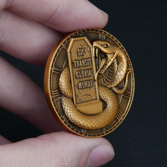 Memento Mori Challenge Coin - Hourglass & Scythe Design with Latin Inscriptions, Embrace Life’s Transience with Inspirational Design (Single Coin)