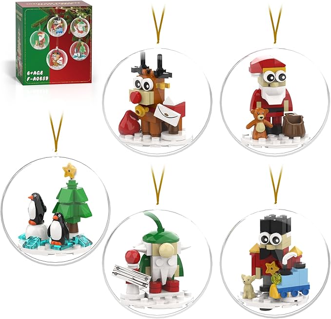 Christmas Tree Ornaments Building Blocks Christmas, 2025 Christmas Decorations Ball Toys Included Santa Reindeer Nutcracker Gnome Penguin, Xmas Ornaments for Indoor Outdoor 5packs