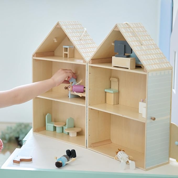 Olivia's Little World Folding Wooden Dollhouse – 3-Story Portable Playhouse with Furniture, Family Figures & Pet, Built-in Carry Handle, Compact Fold-Up Design Toy for Ages 3+