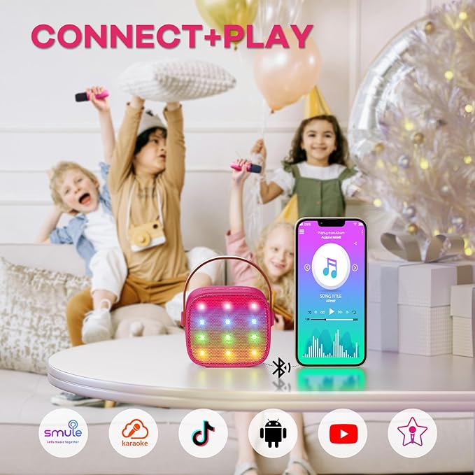 Mini Karaoke Machine for Kids Toys, Portable Bluetooth Speaker with 2 Wireless Microphones, Birthday Gifts for Girls 3, 4, 5, 6, 7, 8, 9, 10, 11, 12+ Years Old Toddler Teens (Hotpink)