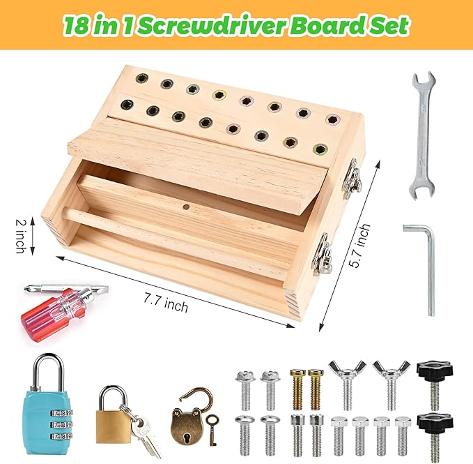 Wooderma Montessori Screwdriver Board Set, with Lock and Key, Wooden Montessori Toys for 3 4 5, Toddler Screwdriver Toy, Kids Tool Set, Preschool Learning Sensory Toy, Fine Motor Skills Toys