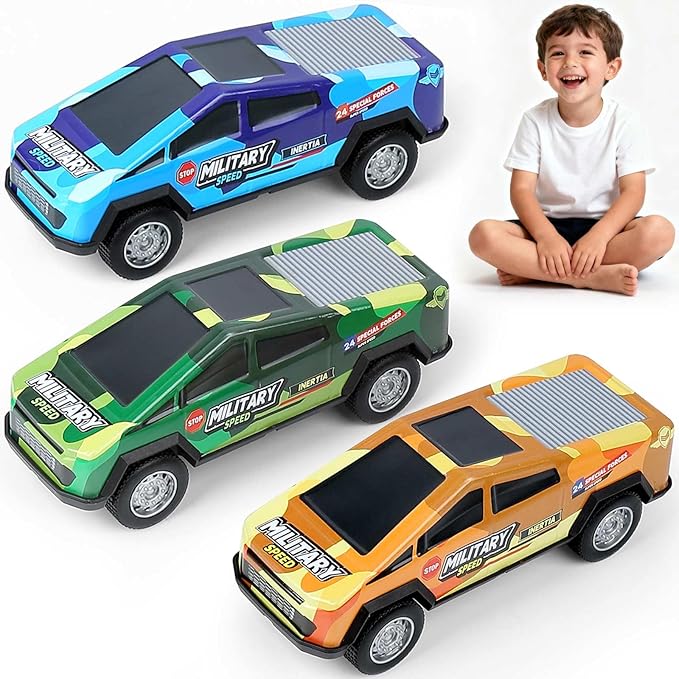 Toy Trucks for Kids 1/32 Model Car 3 Pack,Camouflage: Blue, Yellow, Green,Friction Power Push and Go Pull Back Wind up Race Cars,Toddlers 3 4 5 6 7 8 for Boys and Girls Birthday Party Gift