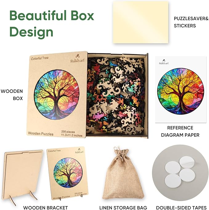 Ruikiyart Wooden Puzzles for Adults, 5MM 200 Pieces Colorful Tree Wooden Jigsaw Puzzles, Tree Puzzle Unique Shaped for Adults and Kids on Birthday, Thanksgiving, Family Puzzle Games (11.2"*11.2")