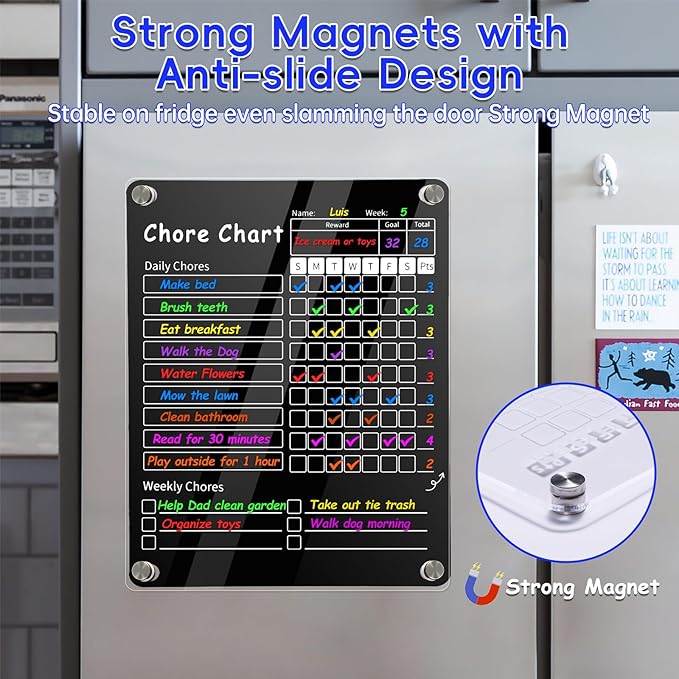 Acrylic Magnetic Chore Chart for Kids & Adult，12" x 9.5" Behavior Responsibility Reward Chart，at Home Clear Dry Erase Refrigerator Board for Multiple Kids & Teens(w/ 8 Markers & Towel)
