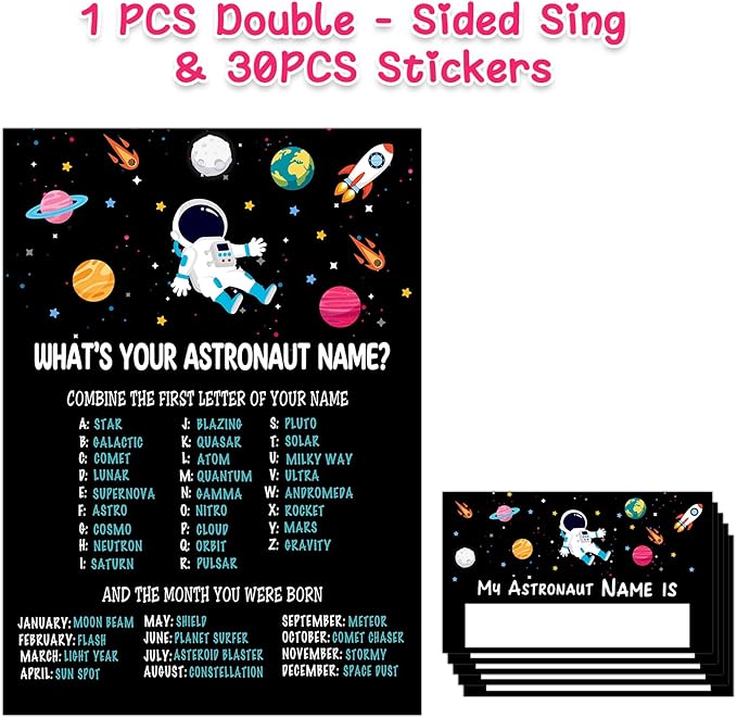 What is Your Astronaut Name Game, Game Sign and 30 Cards, Astronaut Birthday Party Sign for Boys and Girls, Holiday Activity, Kids Astronaut Activity Cards, Astronaut Activity Decoration Supplies