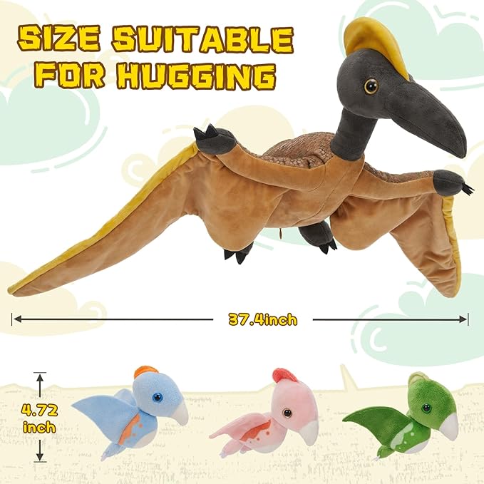 MaoGoLan Pterodactyl Plush Pteranodon Stuffed Animals for Kids, 37 inch Giant Plush Dinosaur Toy Large Pterosaur Mommy with Babies - Dino Squad Party Favors Decorations