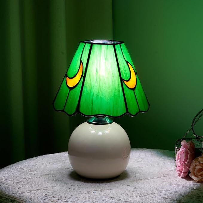 Mushroom Lamp Tiffany Stained Glass Moon lamp Cute Small Bedside Table Lamps for Living Room Home Decor,Girls Women Birthday Christmas Thanksgiving Day Gift,(Green)