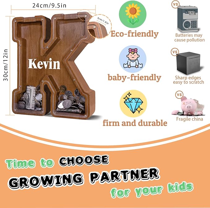 Wooden Letter Piggy Bank for Kids Larger Letter Piggy Bank for Boys and Girls Personalized Piggy Bank Initial Coin Bank Wood Kids Money Bank for Birthday and Festival