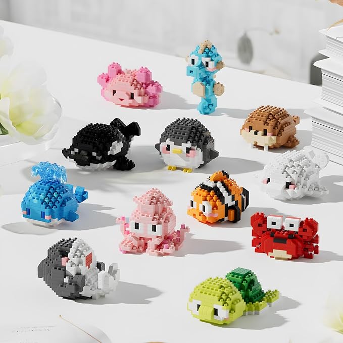 Small Toy Gift,Party Favors for Kids,12 Boxes Marine Animals Micro Mini Building Blocks Set, Birthday Gift for Kids Ages 8-16+