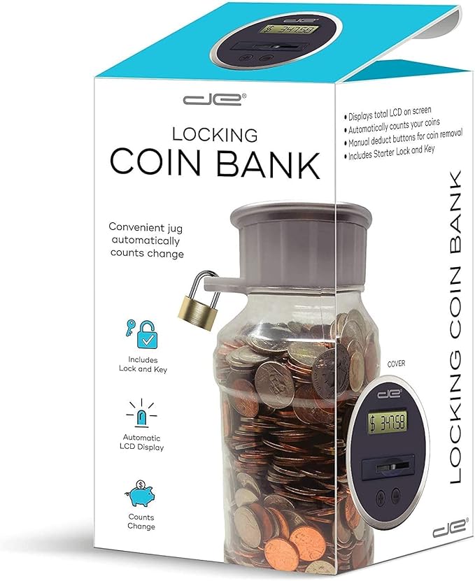 Locking Digital Coin Bank Savings Jar - Pennies Nickles Dimes Quarter Half Dollar Change Counter | Clear Jar with LCD Display