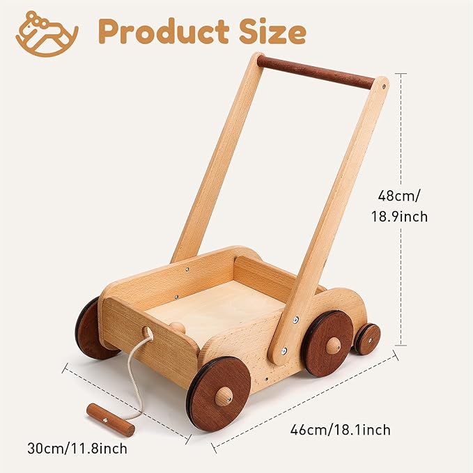 Woodtoe Wooden Baby Walker, Adjustable Speed Anti-Rollover Push Walker Toy for Babies Learning to Walk, Natural Wood Toddler Push and Pull Toys Wagon Birthday Toy for Boy Girl 1-3(Patent Protection)