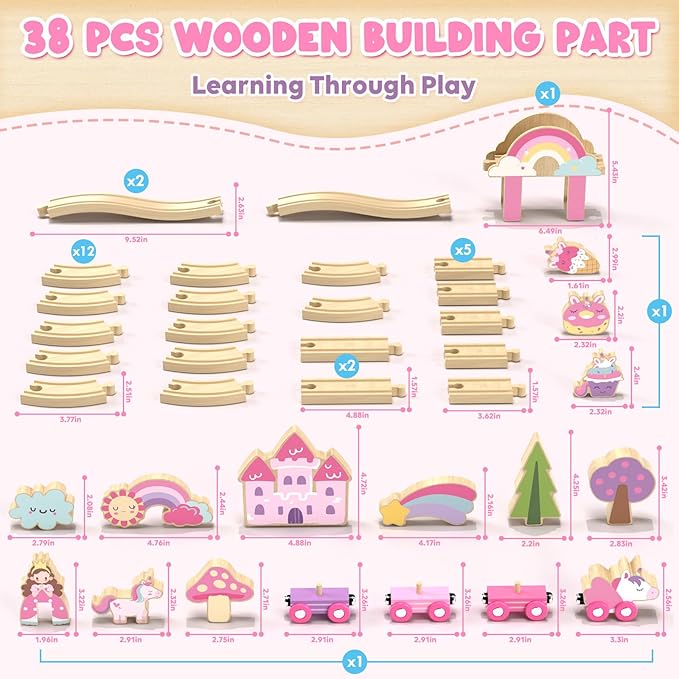 Lehoo Castle Wooden Train Set, Train Set for Toddlers 2-4, Wooden Train Track for Girls, Unicorn Toys for Girls Age 4-6, Toys for 3 4 5 6 Year Old Girl