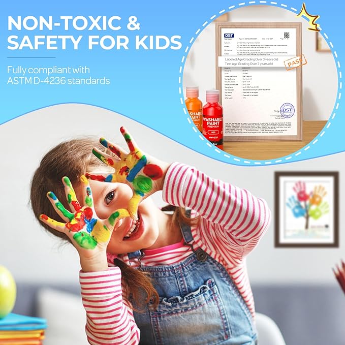 Nicpro Washable Paint for Kids, Kids Painting Set with 10 Paintbrushes, Palettes, Sponge, 6 Vibrant Colors 8.45oz, Non Toxic Washable Finger Paint for Toddlers Preschool Children Art Painting Supplies