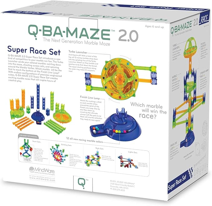 MindWare Q-Ba-Maze Rally Racing - Kit Includes Includes 44 Cubes, 1 Marble Vortex, 8 Straight-Away Rails, Turbo Launcher, Marbles and More - Ages 6 and Up