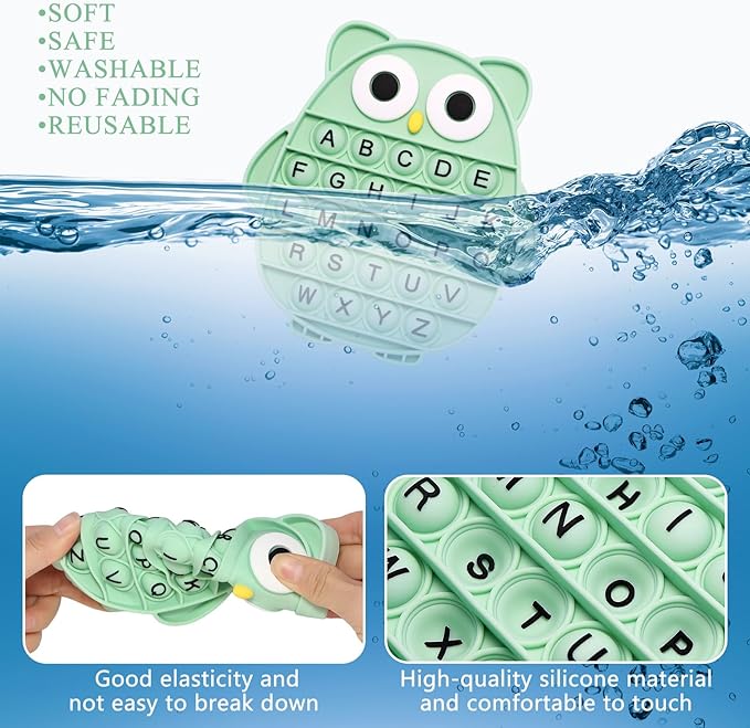 Fidget Toys for Kids, Owl Shaped Silicone Squeeze Sensory Toys, Alphabet Bubble Stress Anxiety Relief Relax Tools for Kids Adults School Classroom Gift Party Favors (Green)