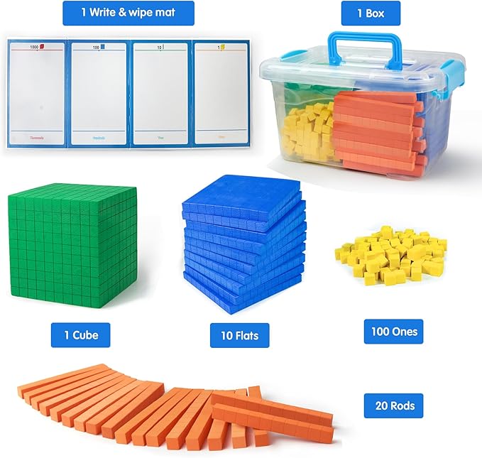 Foam Base Ten Blocks for Place Value, Early Counting, Manipulatives, Counters, Cubes - Kids Math Learning Tool