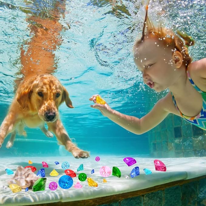 YUJUN 46 PCS Diving Gems Toys,Acrylic Big Diamond Pool Gems with Pirate Treasure Chest Summer Beach Underwater Swimming Toys for Kids Birthday Swimming Pool Party Favors Fish Tank Stuffer (3 Sizes)