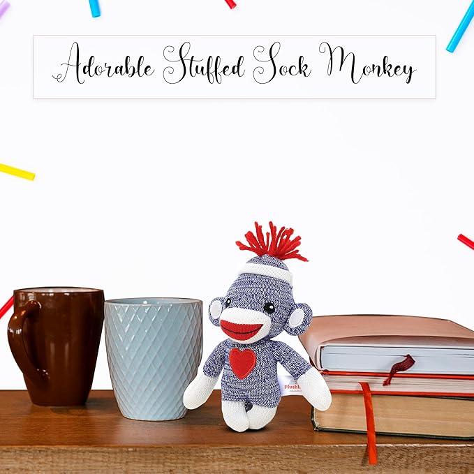 Adorable Sock Monkey 6 Inches, The Original Traditional Hand Knitted Stuffed Animal Toy Gift-for Kids, Babies, Teens, Girls and Boys Baby Doll Present Puppet (Blue)