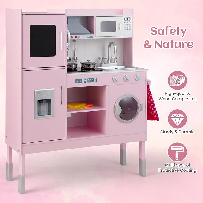 INFANS Kid Kitchen Playset, Toddler Wooden Pretend Cooking Set with Realistic Light & Sound, Stove, Sink, Microwave, Storage Cabinet, Play Kitchen Toy Set for Children Boys Girls