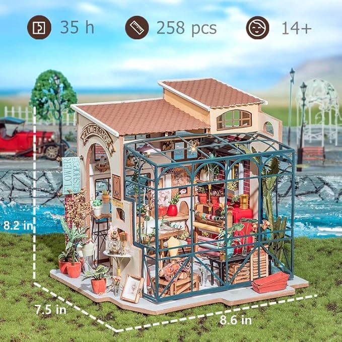 ROBOTIME DIY Dollhouse Kit Mini House with Furnitures Accessories 1:24 Scale Craft Kit - Emily's Flower Shop