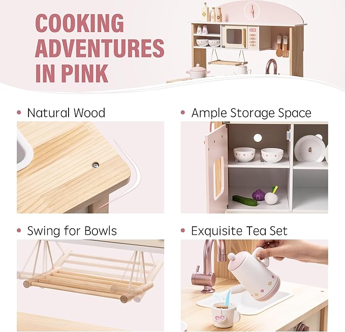 ROBOTIME Wooden Play Kitchen Set, Pretend Play Kitchen Set for Kids with Realistic Design, Kids & Toddlers Kitchen Playset with Dishwasher, Toy Kitchen Set for Boys and Girls Ages 3+ (Pink)