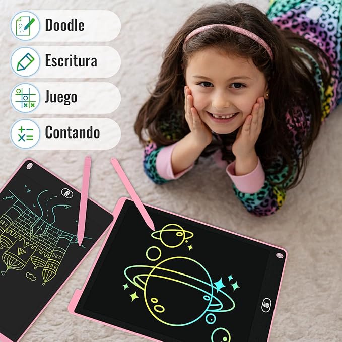 2 Pack 12 Inch LCD Writing Tablet for Kids, Colorful Doodle Board, Eye Protection Drawing Tablet with Lock & Erase FUNC, Learning Gifts and Trip Toy for 3-8 Years Old Boys and Girls - Pink