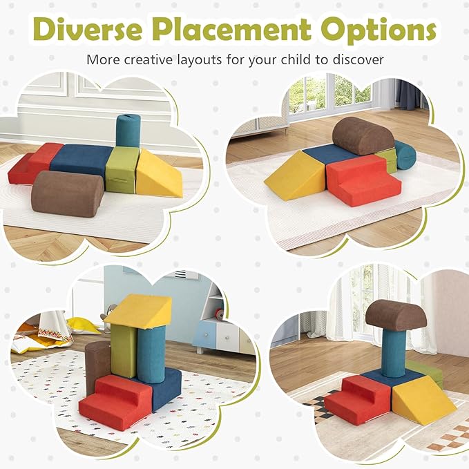 Costzon Toddler Climbing Toys Indoor, 6 Pieces Foam Climbing Blocks for Baby w/Skin-Friendly Chenille Fabric, 30D High-Density Foam & Carrying Handles, Soft Play Climbing for Toddler (Assorted)