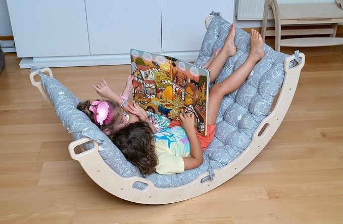 Climbing Arch | Montessori Rocker Arch | Arch with Cosy Pillow | Wooden Climbing Arch with Cushion | Wooden Climbing Arch and Rocker | Indoor Playground Cosy Cushion Rocker (Dino)
