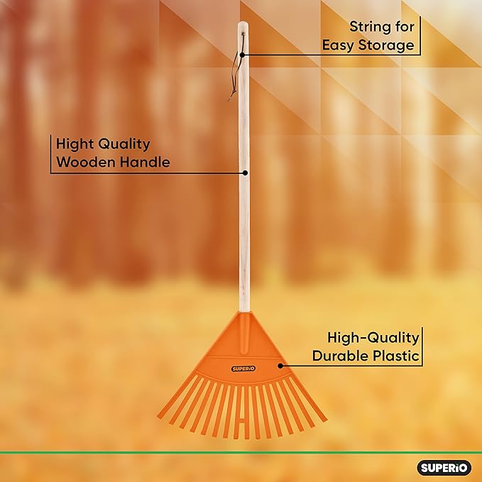 Pack of 2 Kids Rake with Hardwood Handle, Durable Plastic Head to Sweep Leaves in Lawn and Tidying Up The Garden, 34" (Orange)