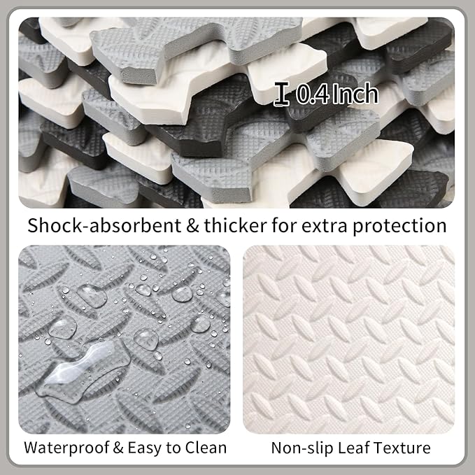 Foam Play Mat for Baby, 0.4 Inch Thicked Interlocking Floor Mats with Solid Colors, Soft Non-Toxic Baby Playmat, EVA Foam Playmat Foam Mats for Toddlers, 16 Tiles(White/Black/Gray)