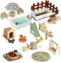 26PCS Wooden Dollhouse Furniture Set, Outdoor Miniature Doll House Accessories Playset for Toddlers, Outdoor Scenes Poolside Playground Pretend Play Toy for Kids 3+