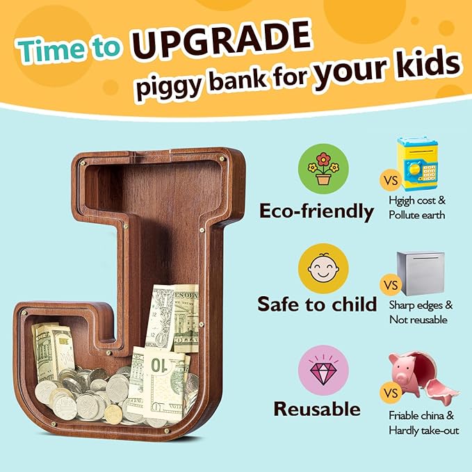 Summidate Large Wooden Piggy Bank for Kids Adults, Alphabets Letter A-Z Piggy Bank for Boys Girls, Coins Bills Change Bank Box Personalized Initial Name Kids Money Bank for Birthday Present and Decor