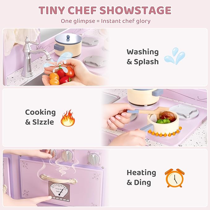 Kids Kitchen playset，Wooden Play Kitchen with Realistic Design，Kids Play Kitchen with Plenty of Play Features，Fine Gift for Ages 3+,Purple