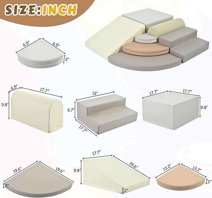 Merax 7-Piece Soft Foam Blocks, Baby Soft Climbing Toys for Toddlers 1+, Indoor Climbing Crawling Activity Play Set, Corner Soft Play Climber Set, Cappuccino