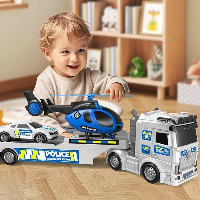 Kids Toys for Ages 3 4 5 6 7 8 Years Old Boys, 25" Large Police Semi Truck with Helicopter & Race Car, Friction Powered Vehicle with Lights & Sounds,Birthday Gift for Boys Girls