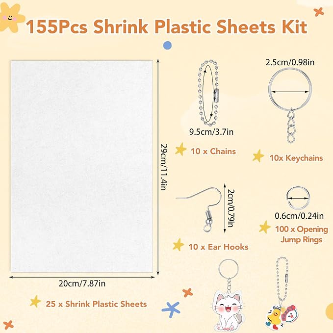 155 Pcs Shrink Plastic Sheets Kit, Including 25Pcs Shrinky Art Paper with 130Pcs Accessories for Crafts DIY Keychain Making