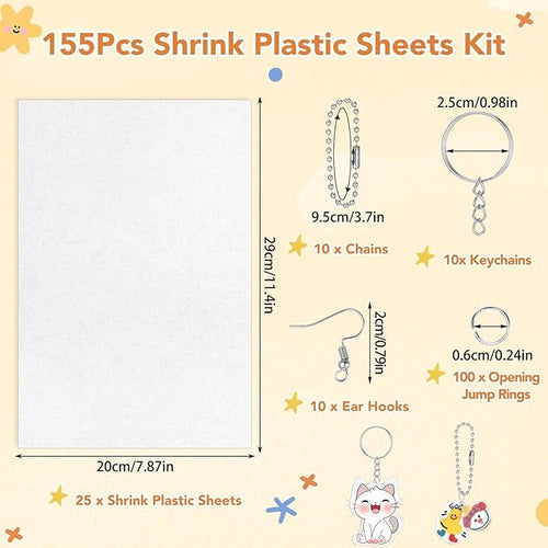 155 Pcs Shrink Plastic Sheets Kit, Including 25Pcs Shrinky Art Paper with 130Pcs Accessories for Crafts DIY Keychain Making