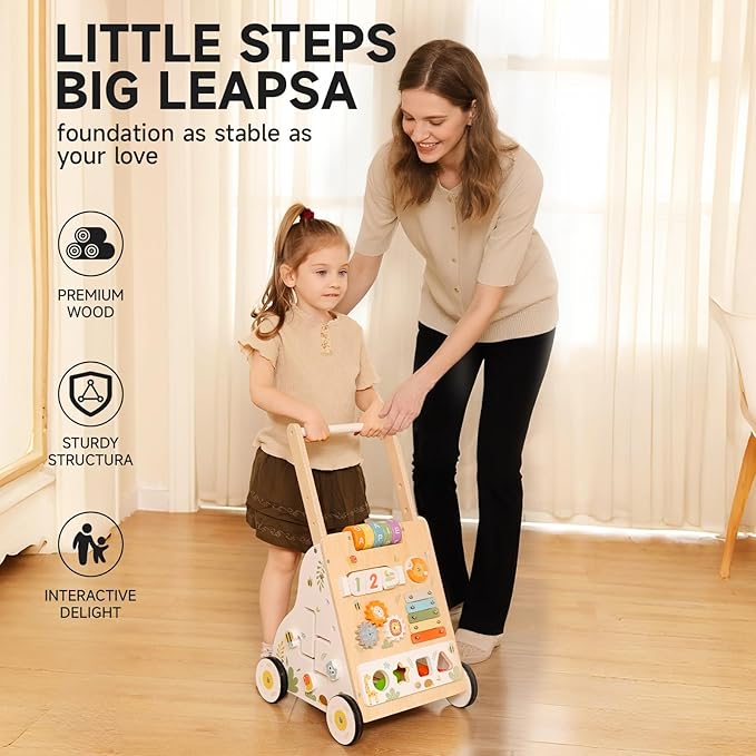 Wooden Baby Walker Push Toy for Infants 1-3 Years Learning to Walk, Adjustable Speed Activity Walker with Montessori Toys, First Birthday Gift for Boys & Girls