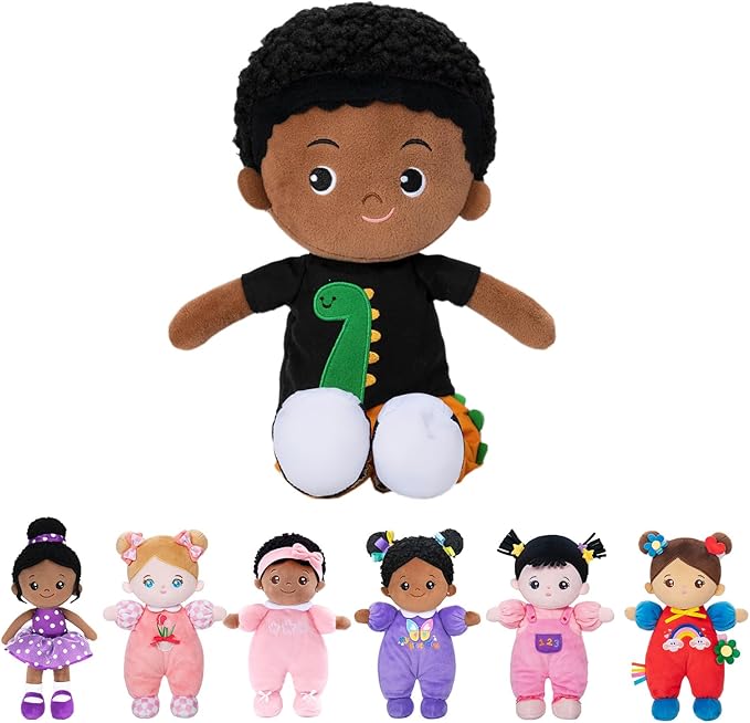 OUOZZZ 13" Black Baby Doll Toys for 1 + Year Old Boy Gifts, African American Doll Birthday Gifts for 1 Year Old Boy Christmas Plush Toys Gift for Toddler Kids Dinosaur