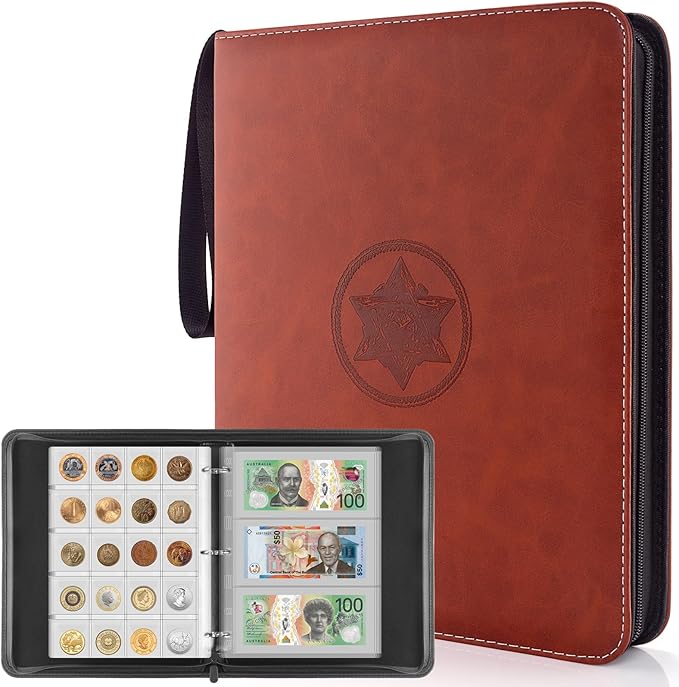 Coin Collection Book Holder for Collectors - 400 Coins Pockets+15 Bills Pockets, Coin Collection Organizer Storage Box Case Album for 20/25/ 27/30/ 38mm Coin