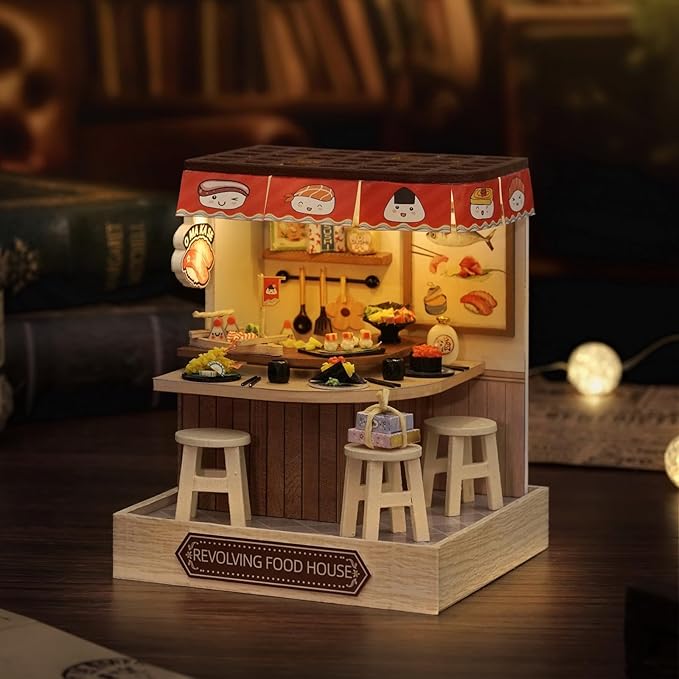 Miniature House Kit, CUTEROOM Tiny House Kit Wooden Dollhouse Kit Mini House Making Kit with Dust Cover, DIY Sushi Dollhouse Kit Birthday Gift (Food House)