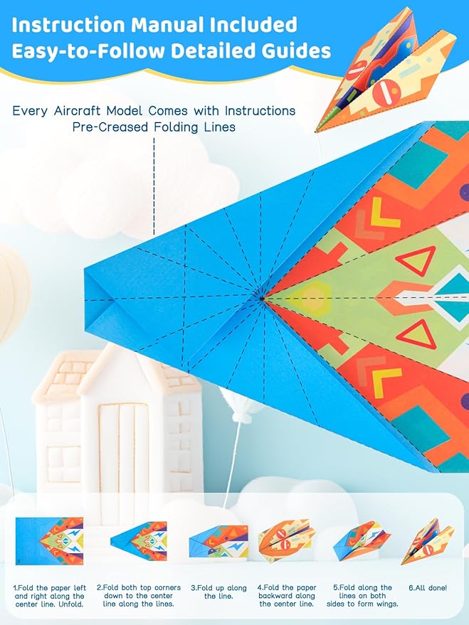 Zuplo Paper Airplane Kit, Paper Planes Book with 25 Classic Designs, 25 Sheets of Colored Origami Kit for Kids Ages 8-12, Airplane Gifts for Boys and Girls, Activity Books for Kids