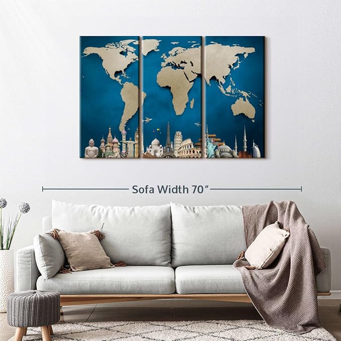 ElephantStock Ocean Blue World Map Multi Piece Canvas - 3 Panel Wall Decor - Map of the World Art - Canvas for the Office and Home - 50" X 32"