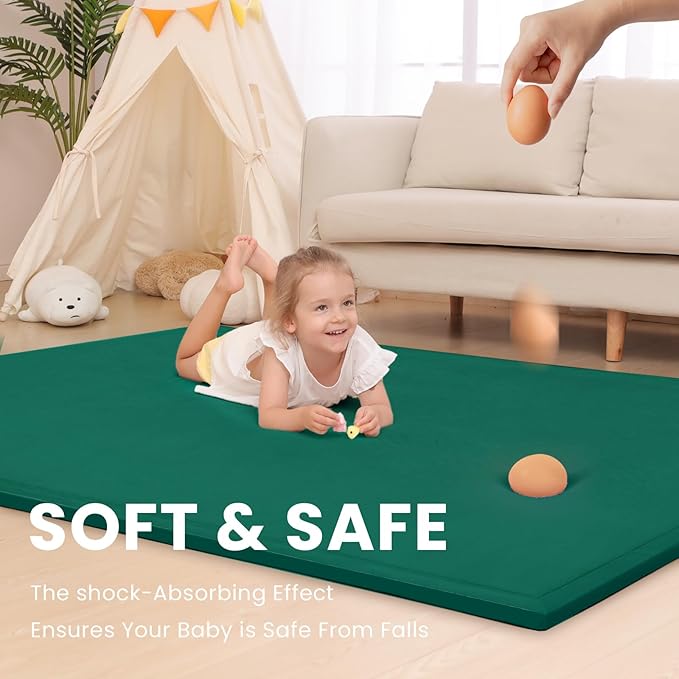 Baby Play Mat for Floor,1.3" Thick Elasti-Foam 74×50 Play Mat for Toddlers Infant Kids,Water-Repellent Soft Coral Velvet for Tummy Time, Non-Slip Backing for Crawling,Tatami Style(Dark Green)