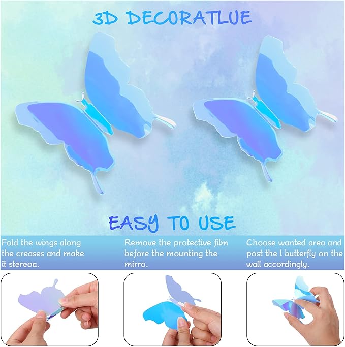 BBTO 48 Pieces Butterfly Wall Decor DIY Mirror 3D Butterfly Stickers Removable Decals for Home Bedroom School Bathroom Living Room Decor(Blue)